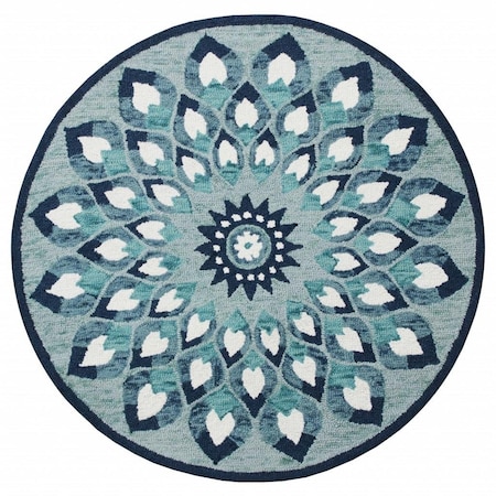 Homeroots 6 ft. Round Blue & White Floral Feathers Area Rug 396199